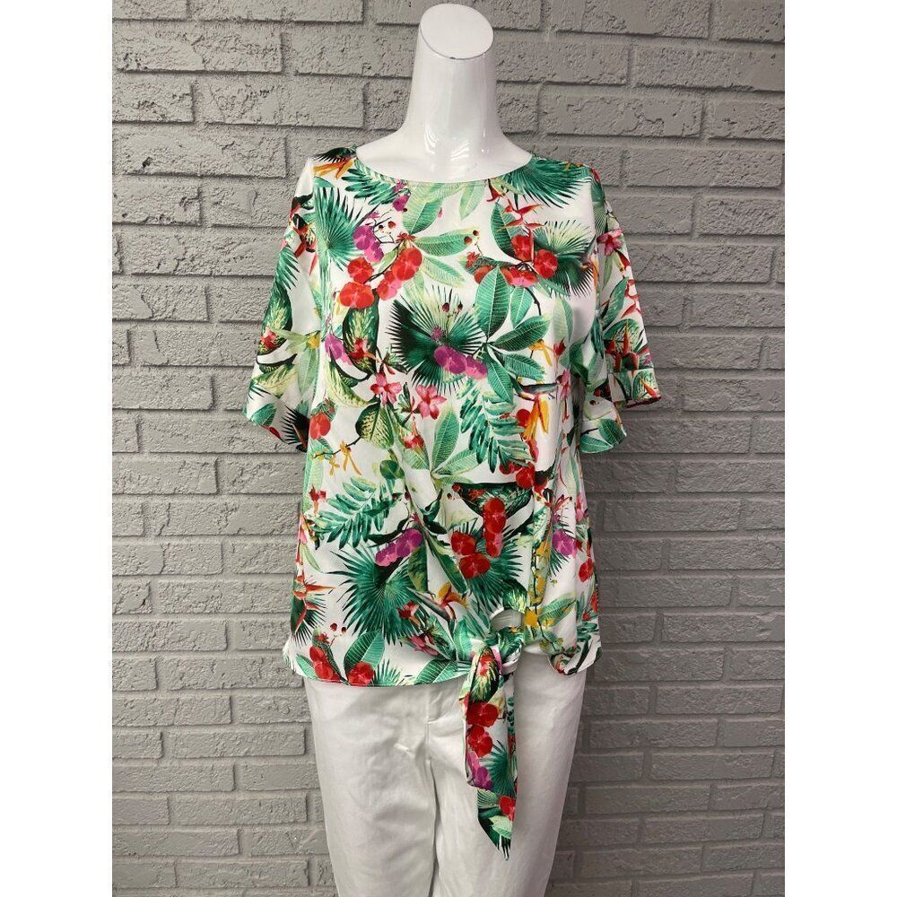 Worthington Women Tropical Print Satin Short Sleeve Side Tie Blouse Size S